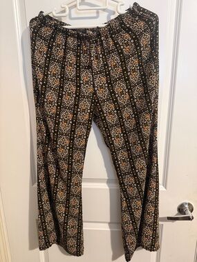 Vintage Black Printed Elastic Waist Pants with Gold and White Pattern